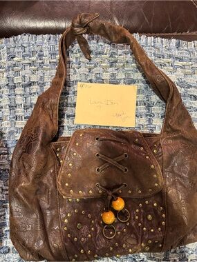Brown Studded Hobo Bag with Tassel Bead Accent
